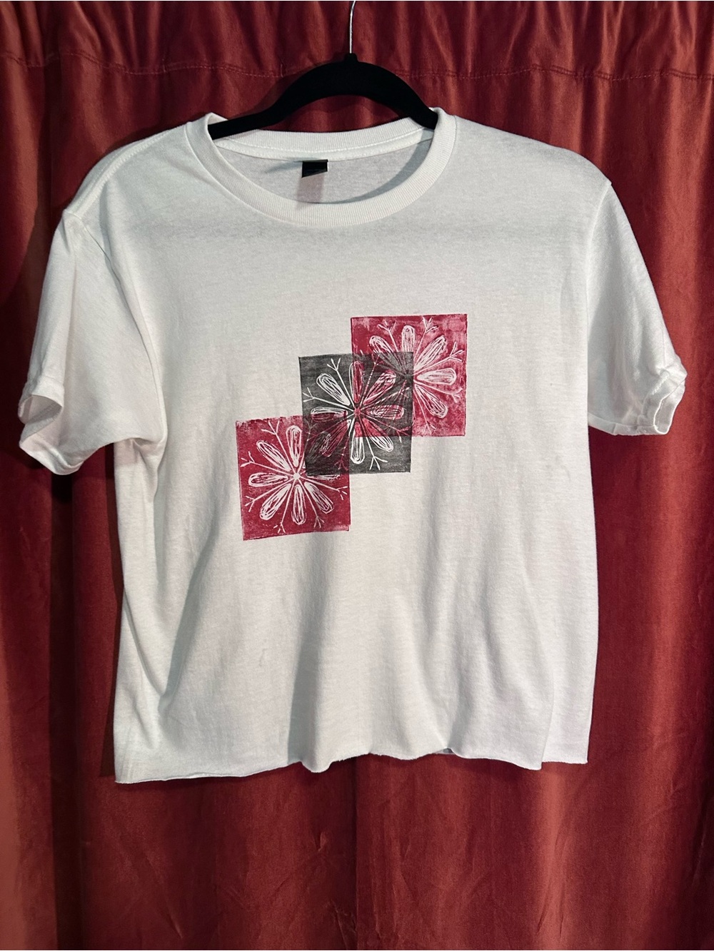 Cropped White Tee with Artist Linocut Print